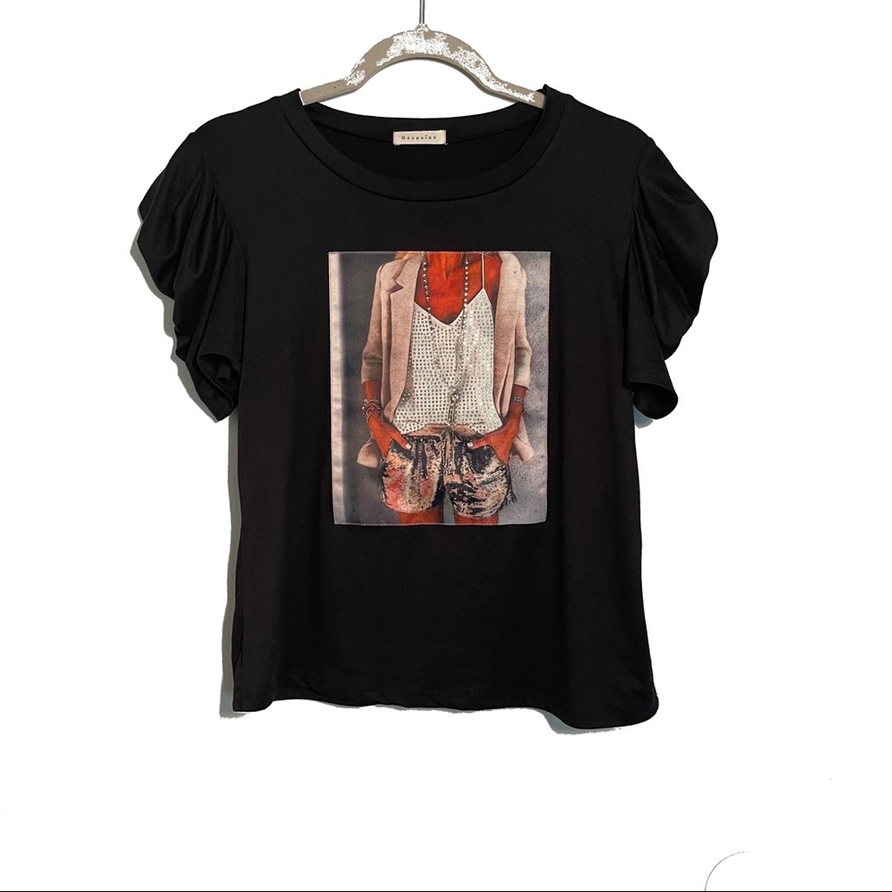 Black XL Puffy Short Sleeve Rhinestone T-shirt
